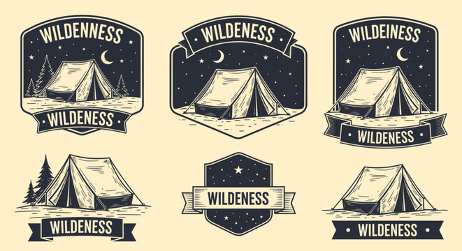 Vintage wilderness camping badges with tents and starry night sky