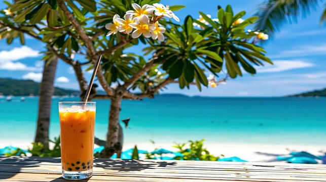 Thai milk tea with tapioca pearls on the table in the beach