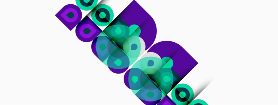 Abstract graphic design features purple, green shapes. Geometric forms create dynamic composition, modern aesthetic. Minimalist style, vibrant colors.