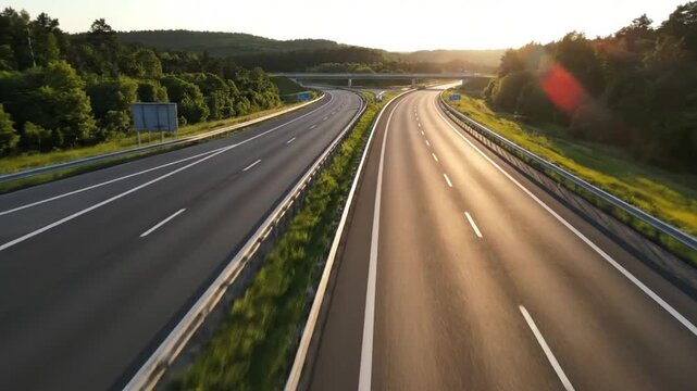 Aerial view of an empty multilane highway stretching through a green landscape during golden hour sunlight.