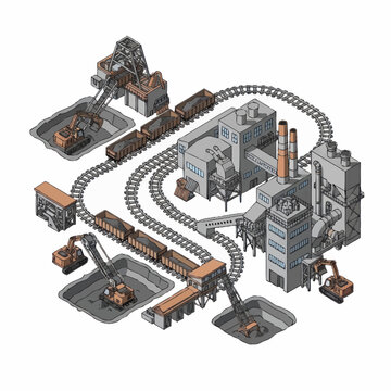 Industrial mining and processing plant with trains and excavators.