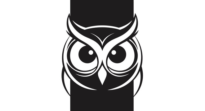 Owl Face Closeup Black White Illustration.