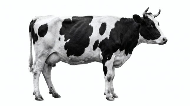 Side profile of holstein dairy cow with horns standing on white background for livestock commercial photography and agricultural industry marketing.