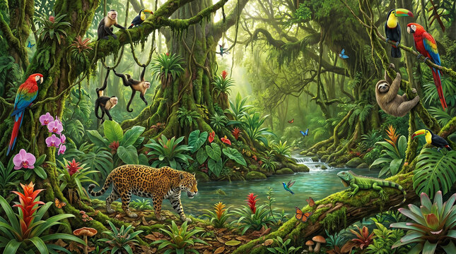 Lush Tropical Rainforest Panorama with Diverse Wildlife Jaguar Monkeys and Exotic Birds by a River