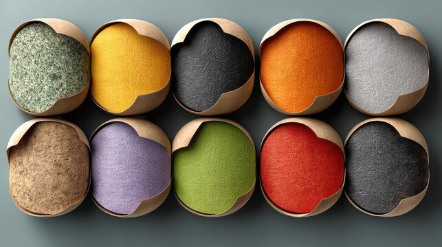 Ten textured, vibrant, and diverse color samples presented in cut-open egg-shaped containers