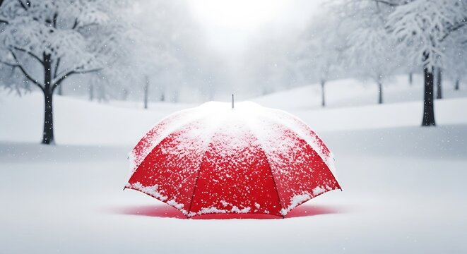 A bright red umbrella covered in fresh white snow sitting in a peaceful park during a cold winter day. parasolka 