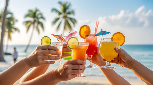 Group of friends toasting with tropical cocktails at a beach party during sunset