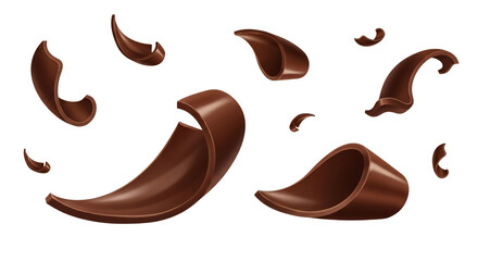 Fototapeta premium Set of realistic dark chocolate curls and shavings falling or floating isolated on white background