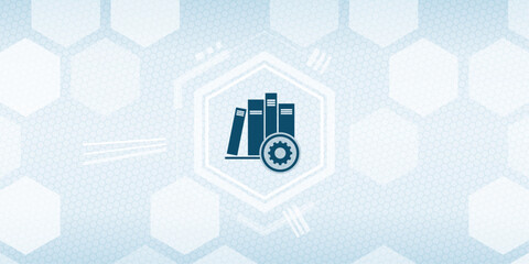 Abstract technology background with a digital library icon featuring books and a gear cog symbolizing knowledge management information systems and smart learning data © sh99