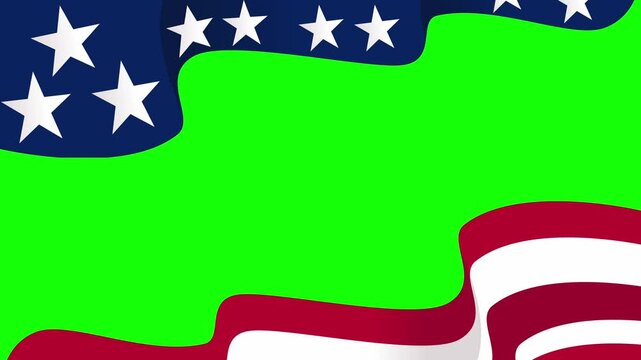 Animated American flag banner with waving stars and stripes frame on green screen background. Patriotic wipe in and wipe out transition overlay for broadcast, presentation and Independence Day visuals