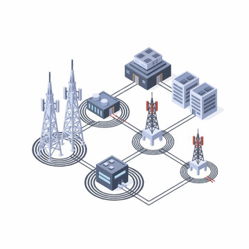Telecommunication network infrastructure with towers and buildings.