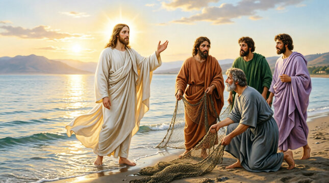 Jesus calls fishermen at sunrise, inspiring faith and devotion by the sea.