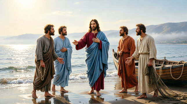 Jesus calls fishermen at sunrise, inspiring faith and devotion by the sea.