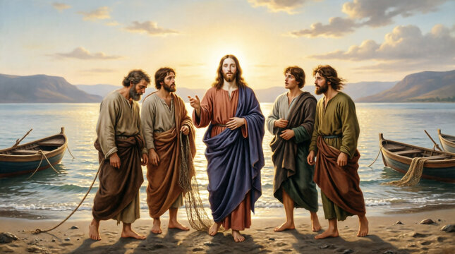 Jesus calls fishermen at sunrise, inspiring faith and devotion by the sea.