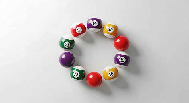 A circular arrangement of numbered billiard balls featuring the 10 ball billiard set isolated on a clean white background for a professional sports design