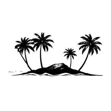 Vector illustration of a serene tropical island silhouette with palm trees on a white background, ideal for travel and tourism designs.