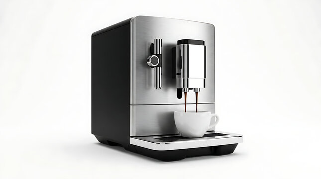 Modern Automatic Espresso Machine Pouring Coffee into a White Cup on a White Background