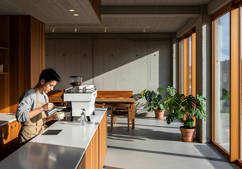 Obraz premium Barista Preparing Latte Art in Modern Café Setting with Natural Light