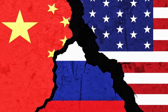 Geopolitical power race between USA China and Russia. Diplomatic relations hindrance between China US and Russia. Trade war and political war. Military war. Power race China US Russia.