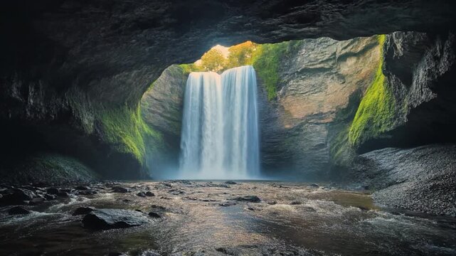 Mysterious Hidden Waterfall Inside a Sunlit Rocky Cavern.