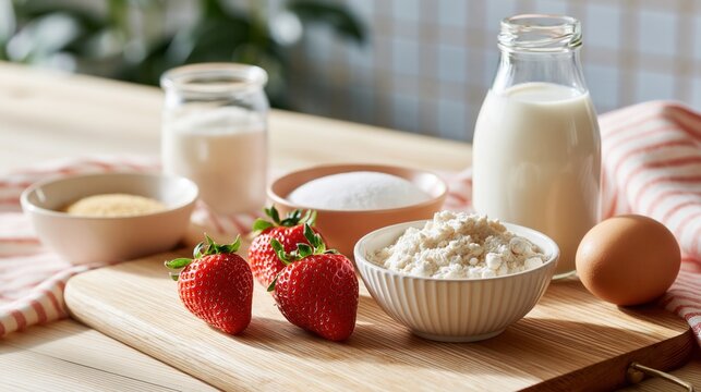 Fresh strawberries, flour, milk, egg, and sugar on a wooden cutting board for baking preparation.