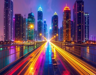 Obraz premium A vibrant cityscape at dusk with a bridge and skyscrapers