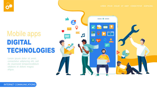 Banner. Phone monitor on which people design a mobile application. Business presentation, businessmen, Europeans and African Americans, workers. Teamwork, analysis of IT programs. Vector illustration