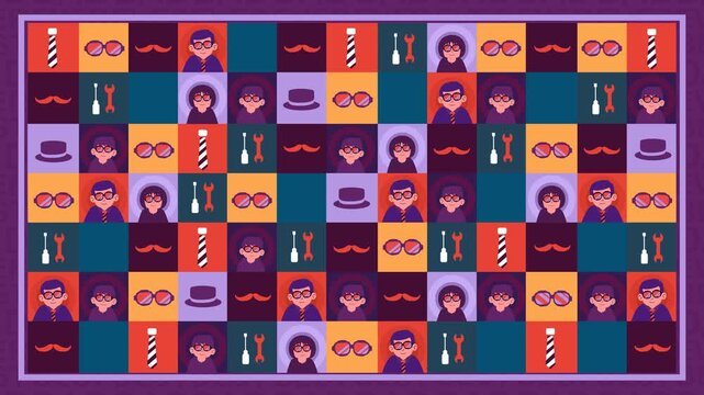 Father&rsquo;s Day looping pattern animation with retro dad icons, glasses, ties, hats, tools, and playful typography tiles. Colorful 4K festive background for greeting videos. 