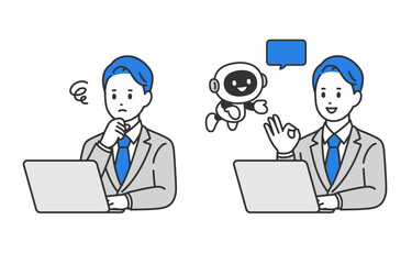 Naklejka premium AI･チャットボットで悩みを解決するビジネスパーソン男性のセット【人物ベクターイラスト素材】