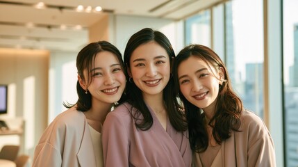Obraz premium Three smiling asian businesswomen standing together in bright office.