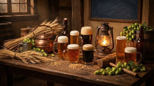 Rustic beer still life with hops grain and antique lantern
