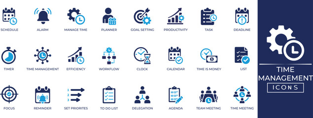 Time management icons featuring clock, planner, task, deadline, calendar, stopwatch, and planning tools. Solid vector glyphs for productivity and business. © SokretiRani
