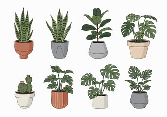 Obraz premium An illustration of various plants in pots on a white background