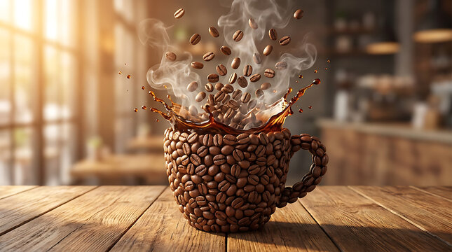 A steaming hot cup of coffee, artfully crafted from roasted coffee beans, with a splash of liquid coffee