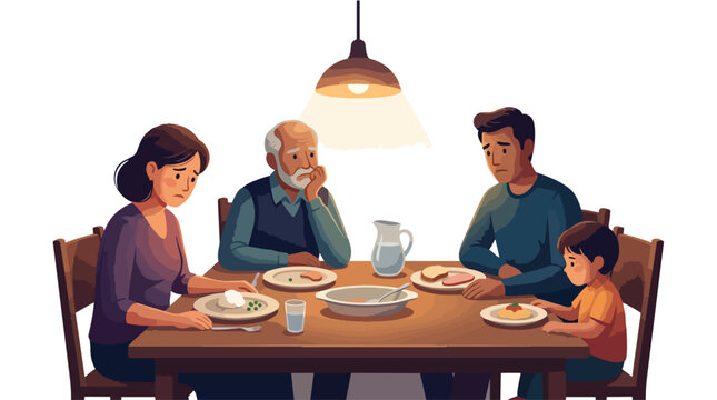 Family struggling with high cost of living, sad and worried at dinner table, 2d vector illustration of financial hardship and poverty