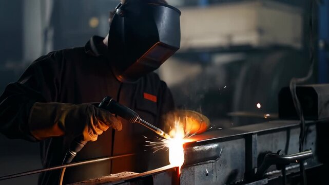 Industrial Welder Precise Craftsmanship. Fabricator Carefully Welding Steel In Dim Workshop Scene