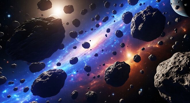 Cosmic scene of asteroids in deep space with nebulae and celestial bodies