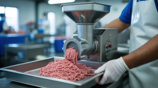 Worker operating a meat grinder producing ground beef in an industrial processing plant.