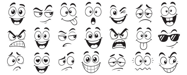 A collection of cartoon character faces featuring a wide range of emotions and expressions, including happy, angry, surprised, and silly, isolated on a white background. © Zbrake Studio