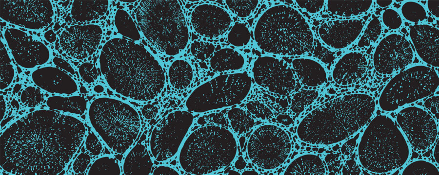 Seamless pattern featuring abstract organic cell-like shapes with a glowing cyan interconnected network against a deep black background, digital art style.