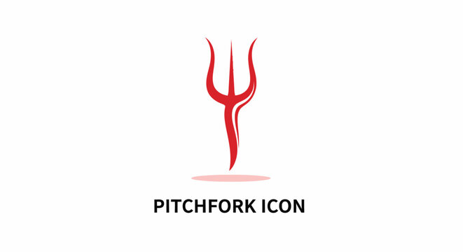 Red Pitchfork Icon on White Background Representing Symbolism and Concepts.