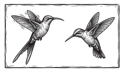 Hummingbird Flight Sketch Set, Detailed Pen and Ink Bird Style © trianatio