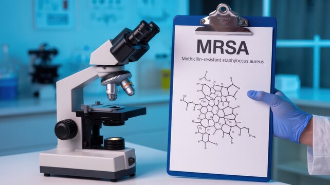 Scientist holding a clipboard with MRSA information and chemical structure next to a microscope in a laboratory