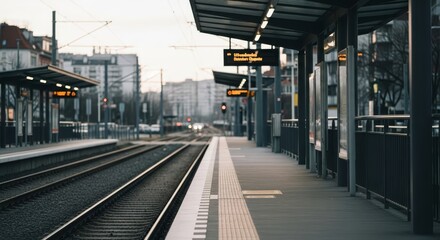 Fototapeta premium Modern Tram Station Platform with Railway Tracks and Overhead Lights in Urban Setting