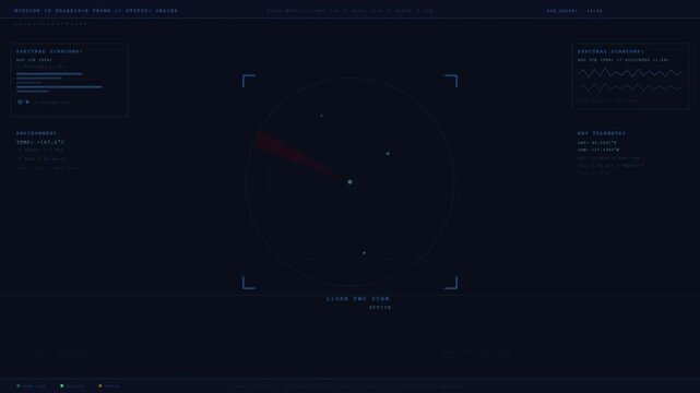 Sci-fi HUD dashboard interface with radar scanner rotating sweep and live telemetry data readout on dark grid