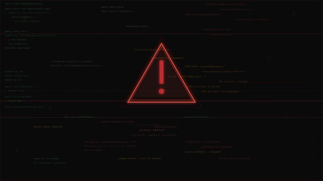 Cybersecurity hacker warning screen with glitch scan lines multicolor code and red alert triangle on dark display