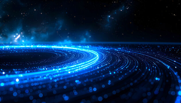 Abstract Blue Light Trails Swirling in Dark Digital Space.