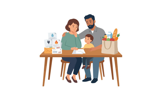 Family struggling with financial difficulties and high cost of living, stressed by utility bills and grocery expenses