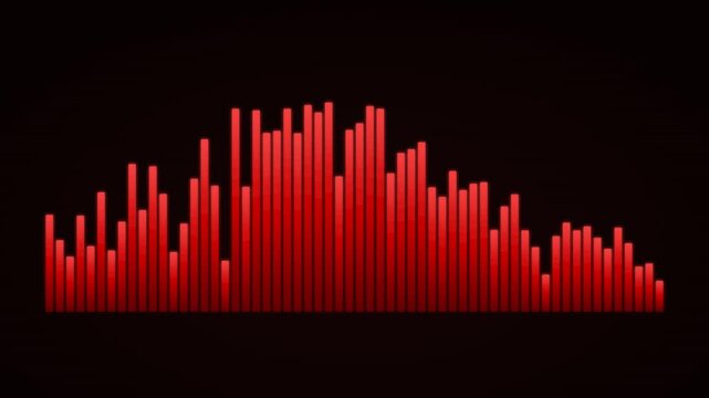 Audio equalizer bars bouncing in deep crimson red to coral gradient with intense glow on dark scarlet background