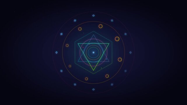 Sacred geometry mandala with counter-rotating neon rings and pulsing diamond nodes on cosmic void background